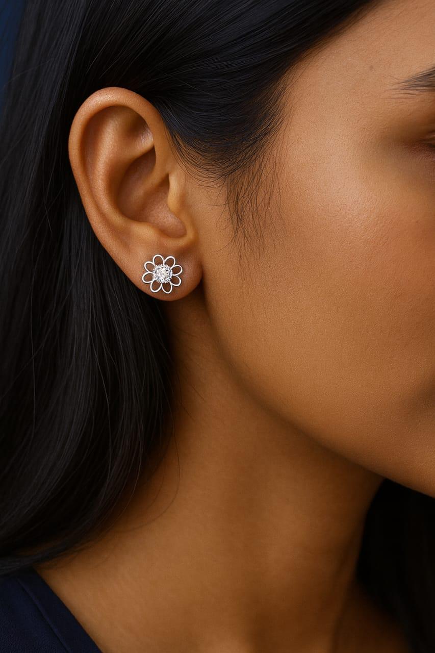 25 Sterling Silver Floral Stud Earrings with Zircon Diamond | Elegant Flower Design | Lightweight Daily Wear Jewellery for Women & Girls ER719-DP100