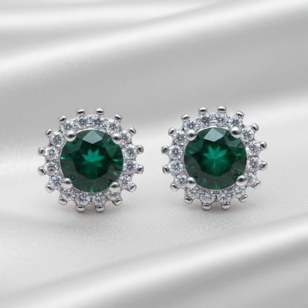 Emerald Green Halo Stud Earrings | 925 Silver Sparkle Collection ER713-DP345