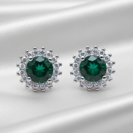 Emerald Green Halo Stud Earrings | 925 Silver Sparkle Collection ER713-DP345