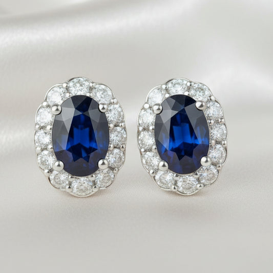 Royal Blue Sapphire Halo Stud Earrings PR419-212