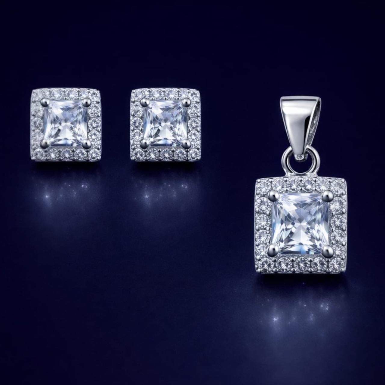 925 Sterling Silver Zircon Diamond Pendant & Earrings Set – Elegant Party Wear Jewellery PR411-195