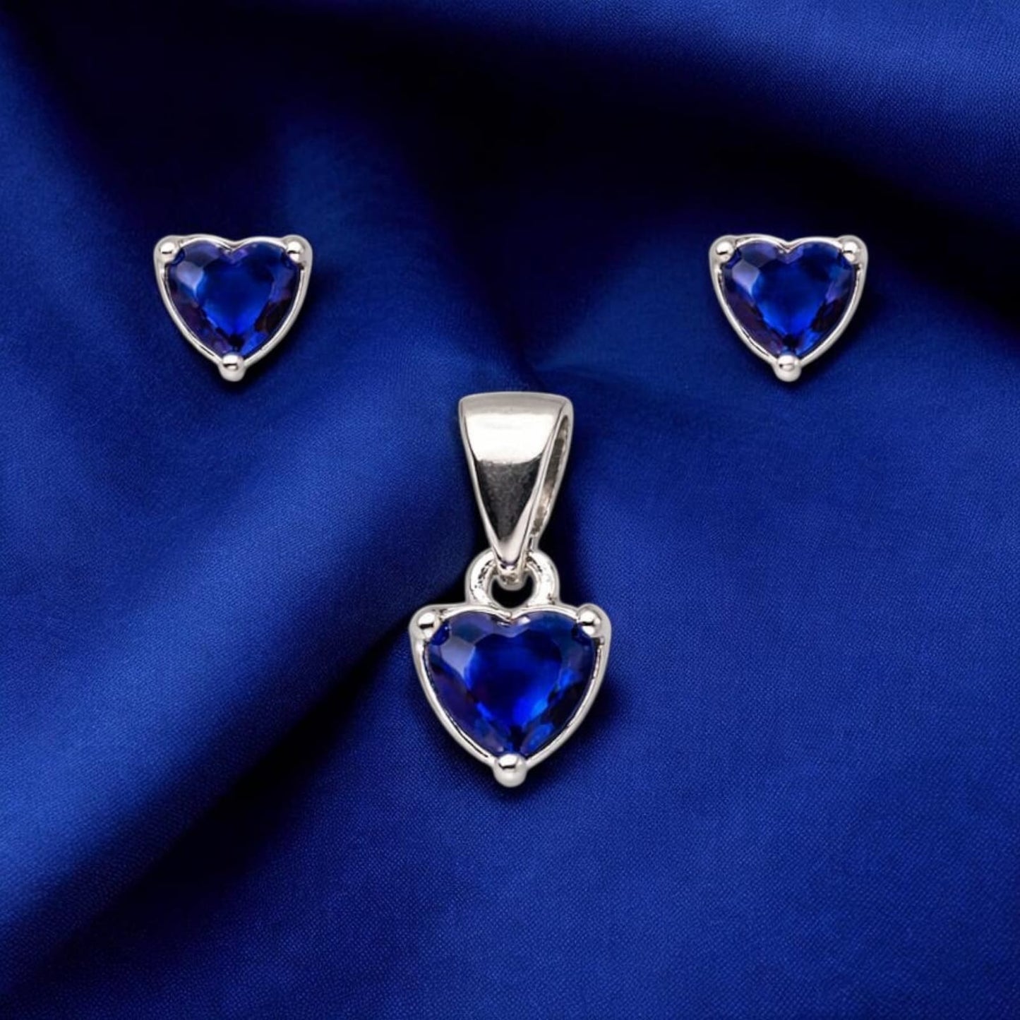 925 Sterling Silver Heart Blue Stone Pendant with Matching Stud Earrings | Elegant Jewelry Set for Women | Gift for Her RRJ0108-321
