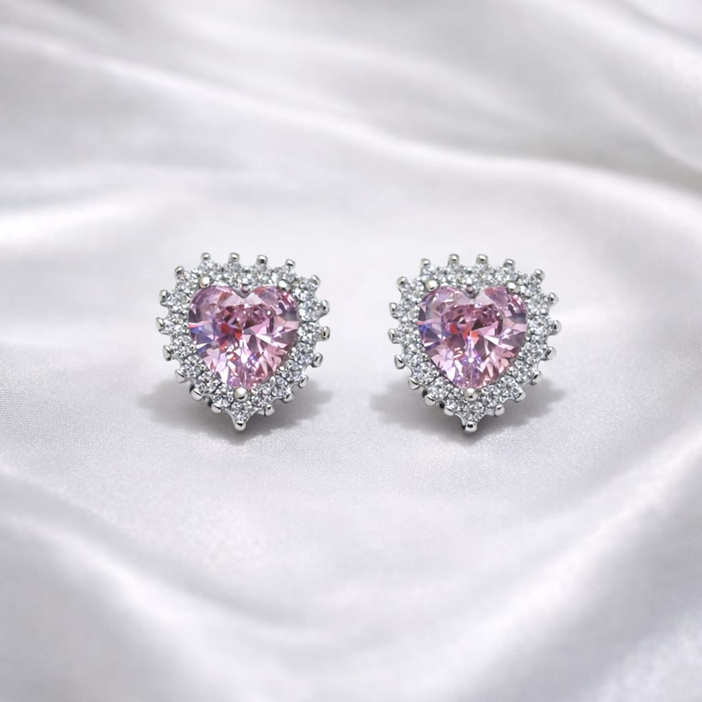 925 Sterling Silver Heart Shape Earrings for Women | Centre Pink Stone with Diamond Accents | Romantic Party & Daily Wear Jewellery RRJ0350-415