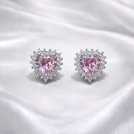 925 Sterling Silver Heart Shape Earrings for Women | Centre Pink Stone with Diamond Accents | Romantic Party & Daily Wear Jewellery RRJ0350-415