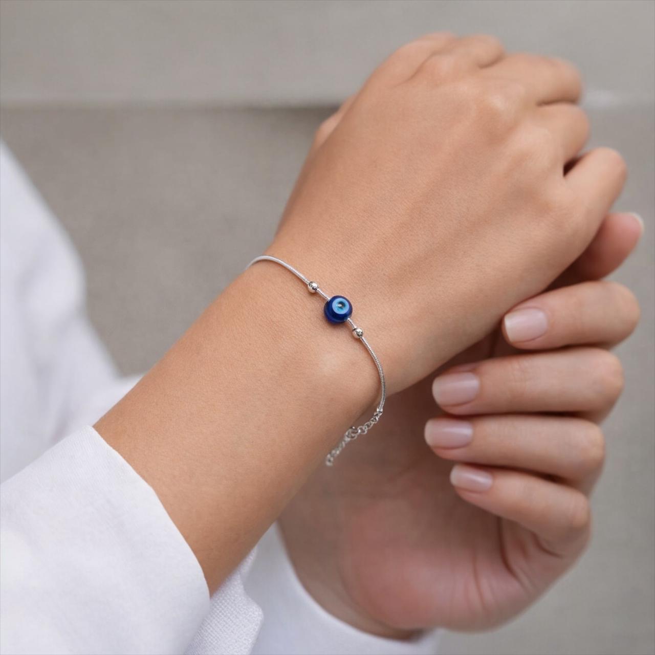 925 Sterling Silver Evil Eye Bracelet for Women | Blue Evil Eye Stone Charm | Adjustable Protection & Daily Wear Jewellery RRJ0285-416