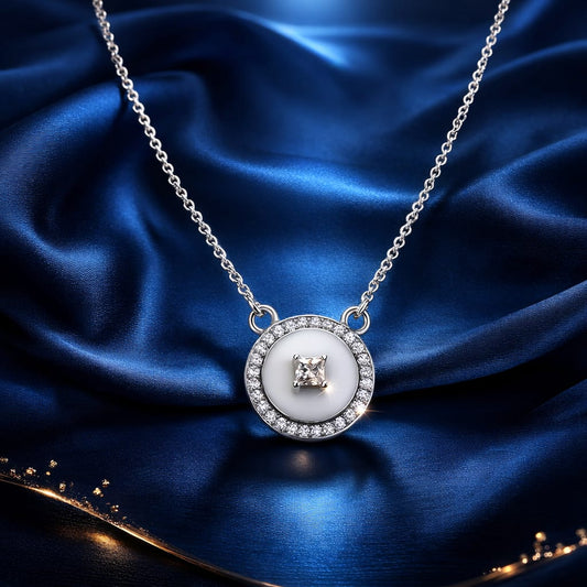 925 Sterling Silver Round Pendant Necklace for Women | White Enamel Design with Diamond Accents | Elegant Daily & Party Wear Chain PR421-385