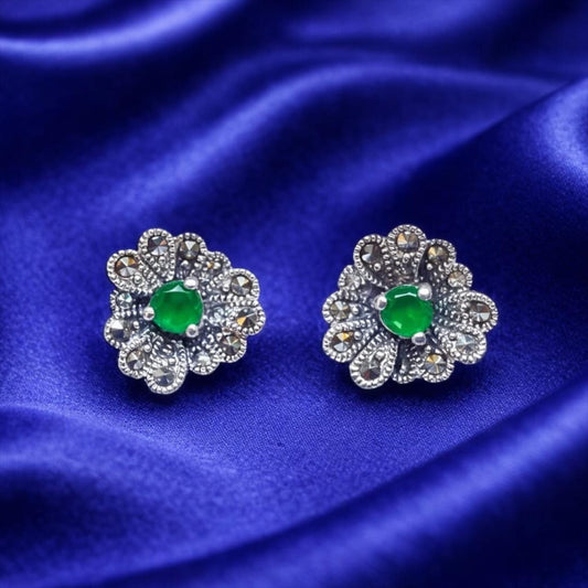 925 Sterling Silver Floral Stud Earrings for Women | Green Centre Stone with Sparkling Diamond Accents | Elegant Daily & Party Wear JewelleryRRJ0337-354