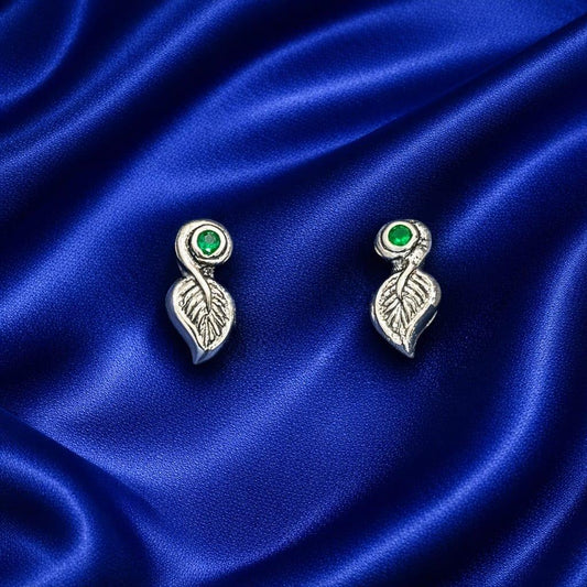 925 Sterling Silver Small Leaf Earrings for Women | Green Stone Studded Minimal Design | Elegant Daily Wear Jewellery RRJ141-361