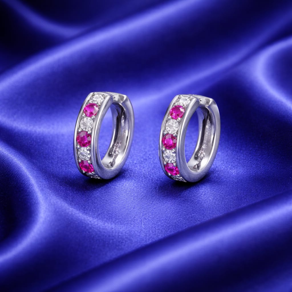 25 Sterling Silver Bali Hoop Earrings with Multicolor CZ Diamonds (Red, Green & Blue) | Sparkling Cubic Zirconia Studded Hoops for Women & Girls | Lightweight Daily Wear & Party Jewellery