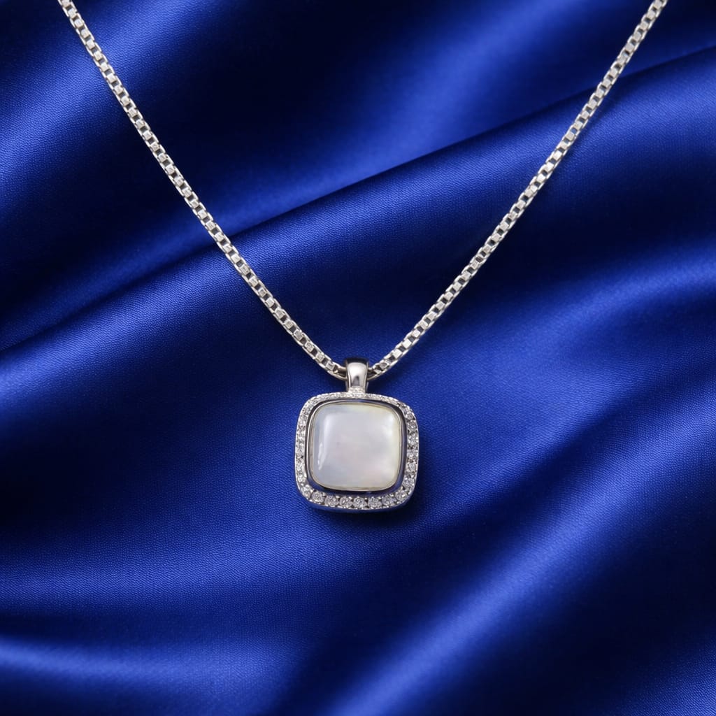 925 Sterling Silver Pearl Square Pendant with Box Chain | Elegant Moti Design Necklace for Women | Minimal Daily Wear & Gift Jewellery RRJ0300-419