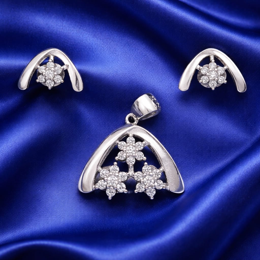 925 Sterling Silver Floral Diamond Pendant & Earrings Set | Triple Flower Cluster Design with Sparkling Zircon Stones | Elegant Party Wear Jewellery for Women RRJ0392-407