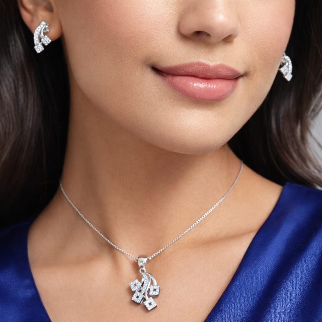 925 Sterling Silver Pendant and Earrings Set with Zircon Diamonds | Elegant Matching Jewellery Set for Women | Party & Gift Wear RRJ0419-408