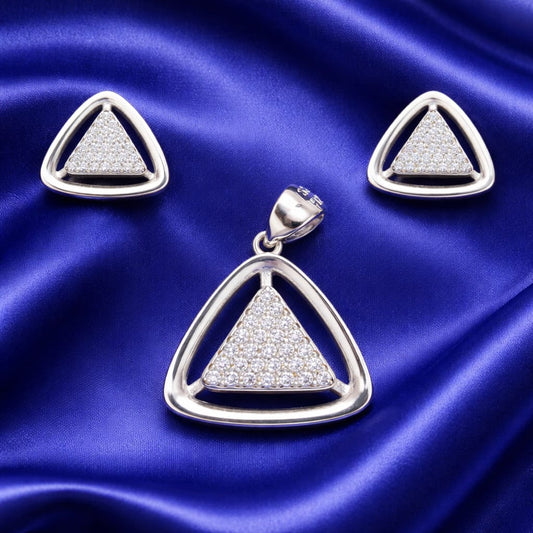 925 Sterling Silver Triangle Pendant & Earrings Set with Zircon Diamonds | Modern Geometric Design Jewellery Set for Women | Party & Office Wear RR0400-413