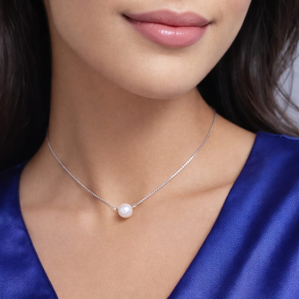 925 Sterling Silver Round Moti Pendant with Chain | Elegant Pearl Drop Necklace for Women | Minimal Everyday & Party Wear Jewellery PR422-220