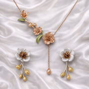 925 Sterling Silver Floral Pendant Set with Chain & Drop Earrings | Dual-Tone Enamel Flower Design | Elegant Wedding & Festive Jewellery for Women VR2119-704