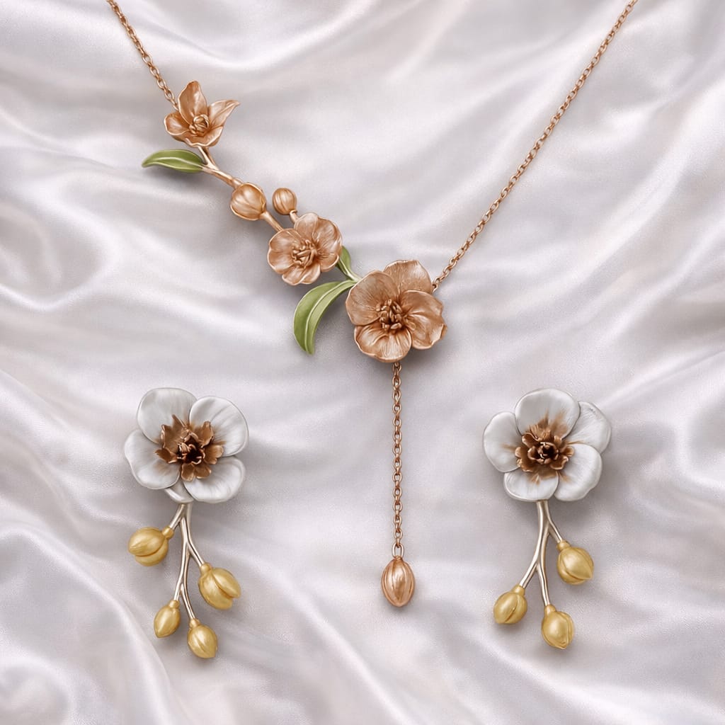 925 Sterling Silver Floral Pendant Set with Chain & Drop Earrings | Dual-Tone Enamel Flower Design | Elegant Wedding & Festive Jewellery for Women VR2119-704