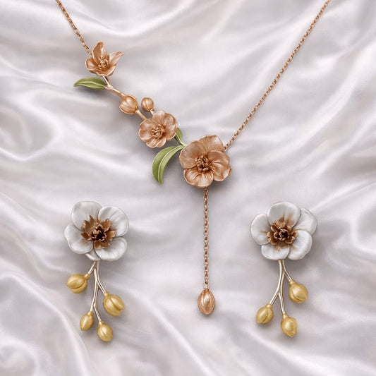 925 Sterling Silver Floral Pendant Set with Chain & Drop Earrings | Dual-Tone Enamel Flower Design | Elegant Wedding & Festive Jewellery for Women VR2119-704