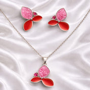925 Sterling Silver Pink & Red Floral Pendant Set with Chain & Stud Earrings | Dual-Tone Enamel Design with Crystal Accent | Elegant Party & Festive Jewellery for Women VR1346-703