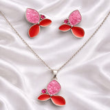 925 Sterling Silver Pink & Red Floral Pendant Set with Chain & Stud Earrings | Dual-Tone Enamel Design with Crystal Accent | Elegant Party & Festive Jewellery for Women VR1346-703