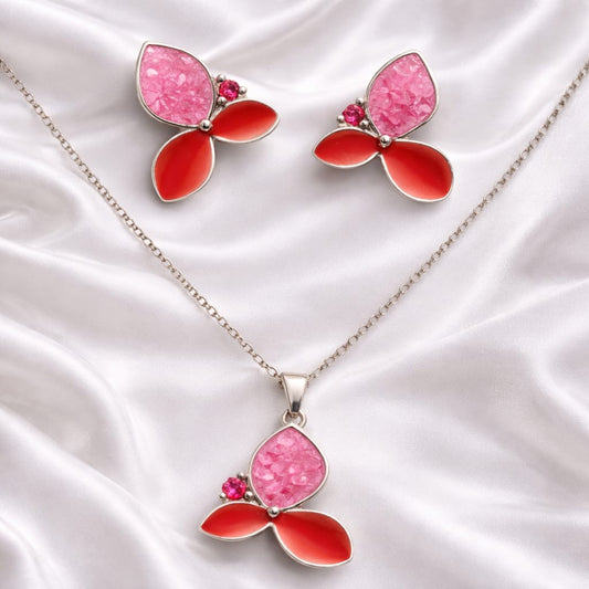 925 Sterling Silver Pink & Red Floral Pendant Set with Chain & Stud Earrings | Dual-Tone Enamel Design with Crystal Accent | Elegant Party & Festive Jewellery for Women VR1346-703