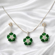 925 Sterling Silver Emerald Green Stone Pendant Set with Chain & Drop Earrings | Oval Cut Cluster Design with Zircon Accents | Party & Wedding Jewellery for Women VR1000-705