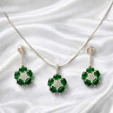 925 Sterling Silver Emerald Green Stone Pendant Set with Chain & Drop Earrings | Oval Cut Cluster Design with Zircon Accents | Party & Wedding Jewellery for Women VR1000-705