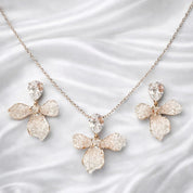 925 Sterling Silver Elegant Crystal Drop Necklace & Earrings Set | Pear-Cut Stone with Textured Petal Design | Lightweight Party & Daily Wear Jewellery for Women VR1650-706