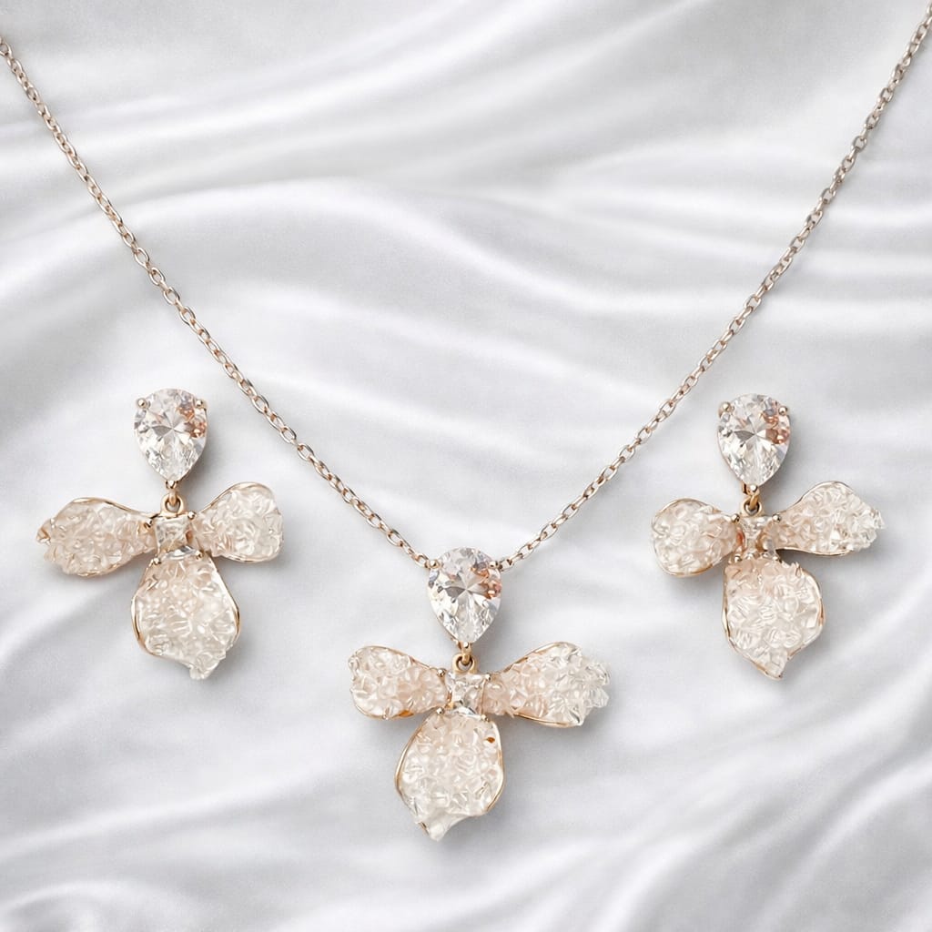 925 Sterling Silver Elegant Crystal Drop Necklace & Earrings Set | Pear-Cut Stone with Textured Petal Design | Lightweight Party & Daily Wear Jewellery for Women VR1650-706