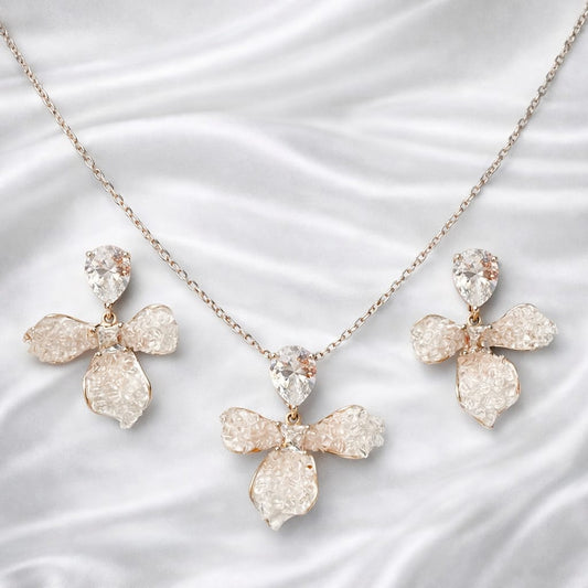 925 Sterling Silver Elegant Crystal Drop Necklace & Earrings Set | Pear-Cut Stone with Textured Petal Design | Lightweight Party & Daily Wear Jewellery for Women VR1650-706