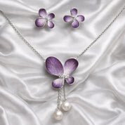 925 Sterling Silver Purple Floral Pendant Set with Chain & Stud Earrings | Enamel Flower Design with Pearl Drop | Elegant Party & Wedding Jewellery for Women VR2120-701
