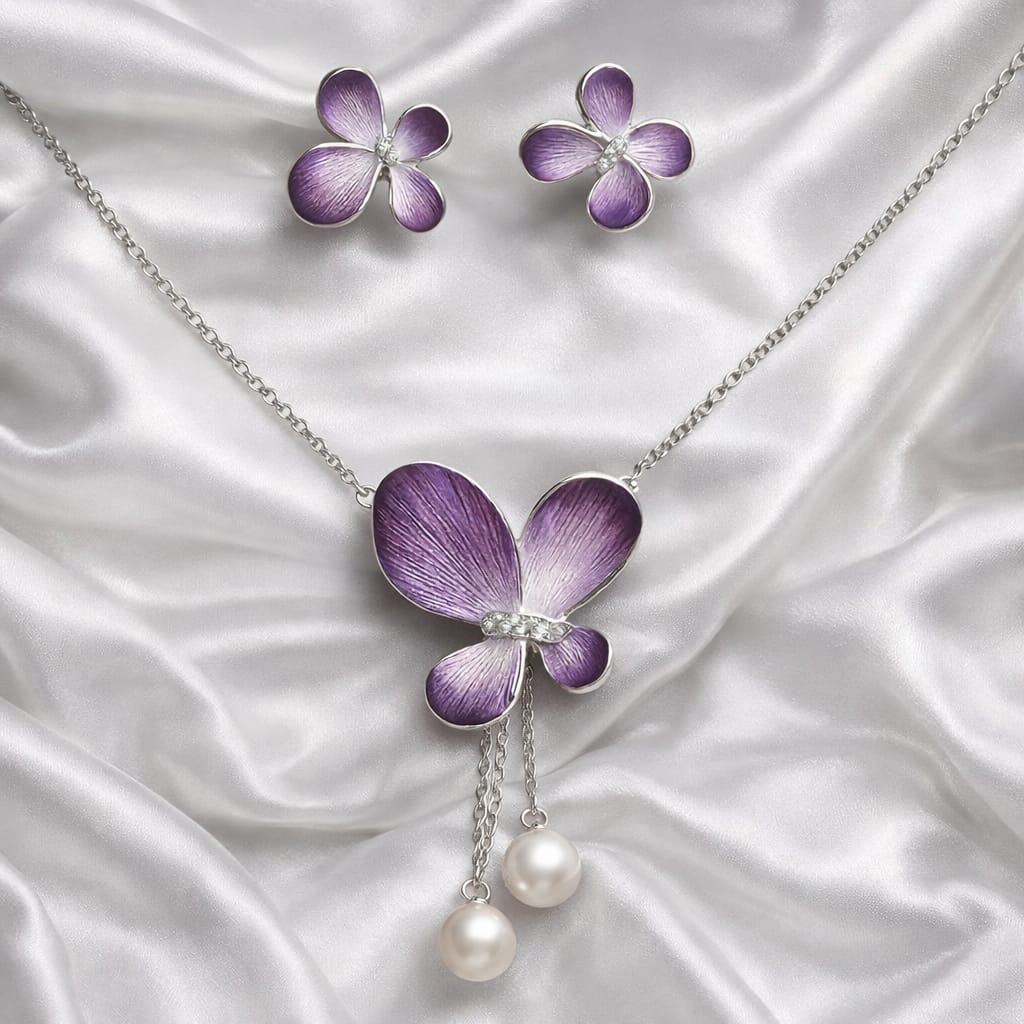 925 Sterling Silver Purple Floral Pendant Set with Chain & Stud Earrings | Enamel Flower Design with Pearl Drop | Elegant Party & Wedding Jewellery for Women VR2120-701