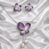 925 Sterling Silver Purple Floral Pendant Set with Chain & Stud Earrings | Enamel Flower Design with Pearl Drop | Elegant Party & Wedding Jewellery for Women VR2120-701
