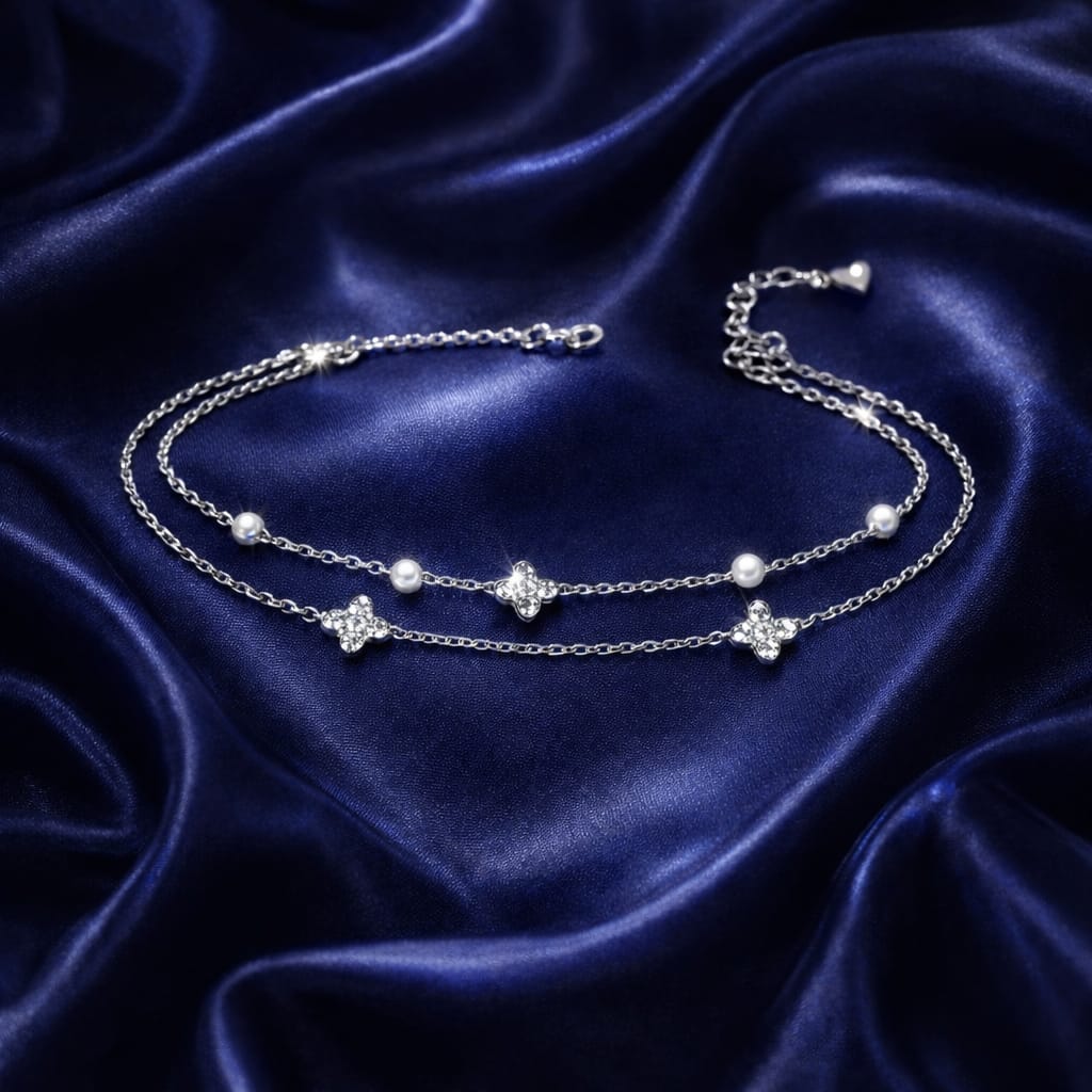 925 Sterling Silver Two-Layered Bracelet for Women | Dual Chain Design with Sparkling Diamonds | Elegant & Adjustable Wristwear MY510-258