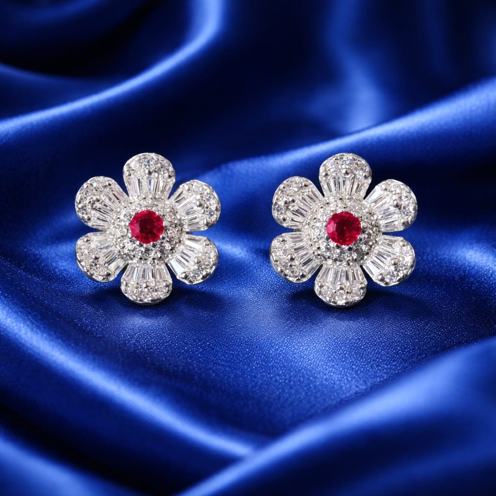 25 Sterling Silver Floral Stud Earrings with Red Stone & CZ Diamonds | Elegant Flower Design | Lightweight Daily Wear Earrings for Women & Girls RRJ0342-351