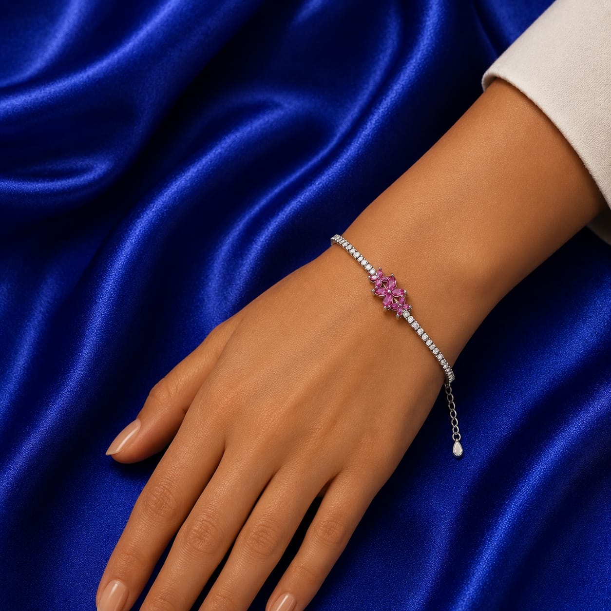 Pink Floral Crystal Silver Bracelet