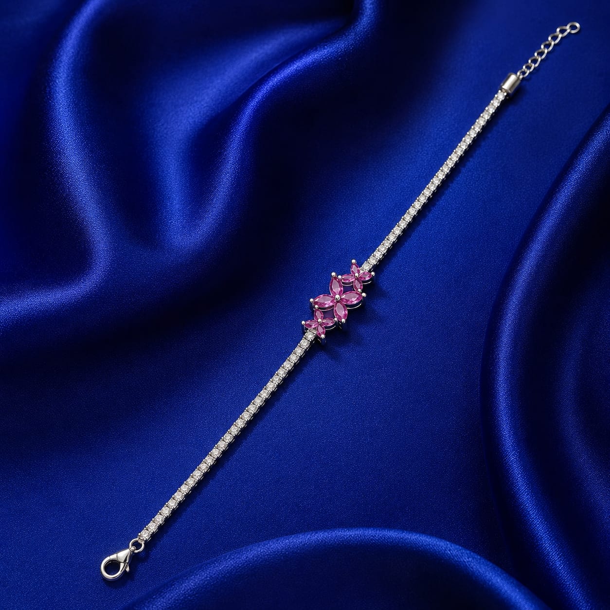 Pink Floral Crystal Silver Bracelet