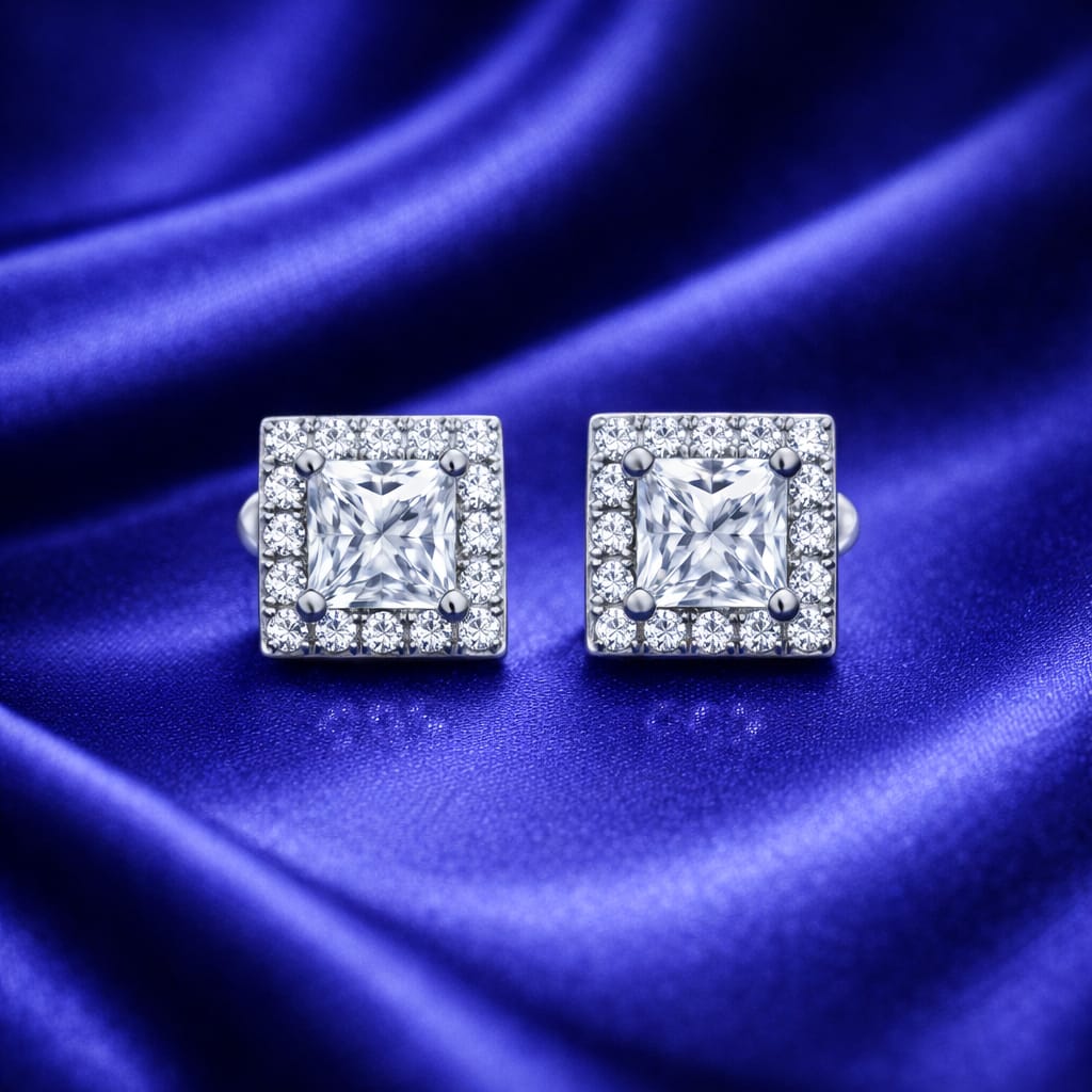 Silver Princess Halo Stud Earrings – Square Luxury Sparkle (Pr - 407-158)