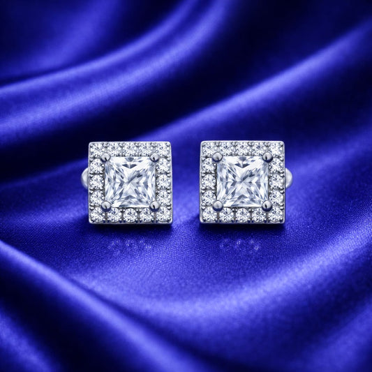 Silver Princess Halo Stud Earrings – Square Luxury Sparkle (Pr - 407-158)