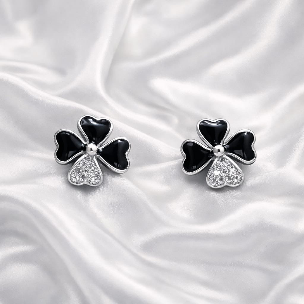 25 Sterling Silver Black Enamel 4 Leaf Flower Earrings for Women | Diamond Studded Floral Design | Designer Party & Daily Wear Jewellery RRJ0209-335