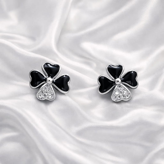 25 Sterling Silver Black Enamel 4 Leaf Flower Earrings for Women | Diamond Studded Floral Design | Designer Party & Daily Wear Jewellery RRJ0209-335