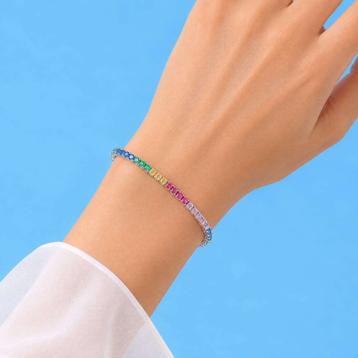 Prism Royale Rainbow Tennis Silver Bracelet – Multicolor Zircon Luxury Bracelet (JDB907-2)