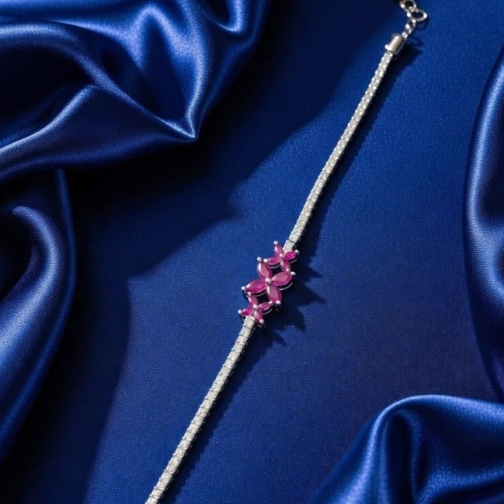 Pink Floral Crystal Silver Bracelet
