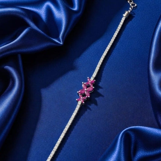 Pink Floral Crystal Silver Bracelet