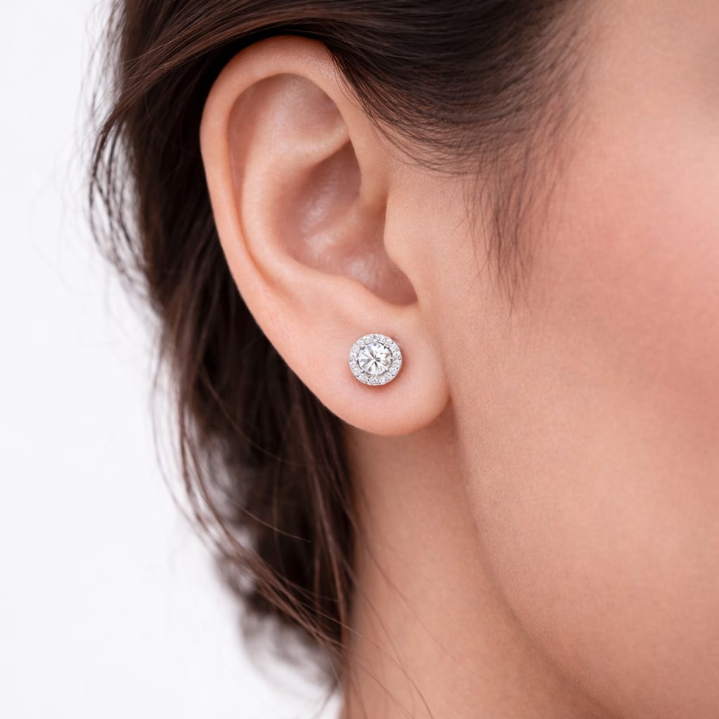 Silver Round Halo Stud Earrings – Luxury Sparkle Design (Pr 405-170)
