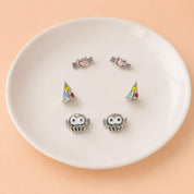 Whimsy Ear Stack Set – 3-Pair Silver Stud Earrings for Women | Owl, Candy Heart & Party Hat Collection