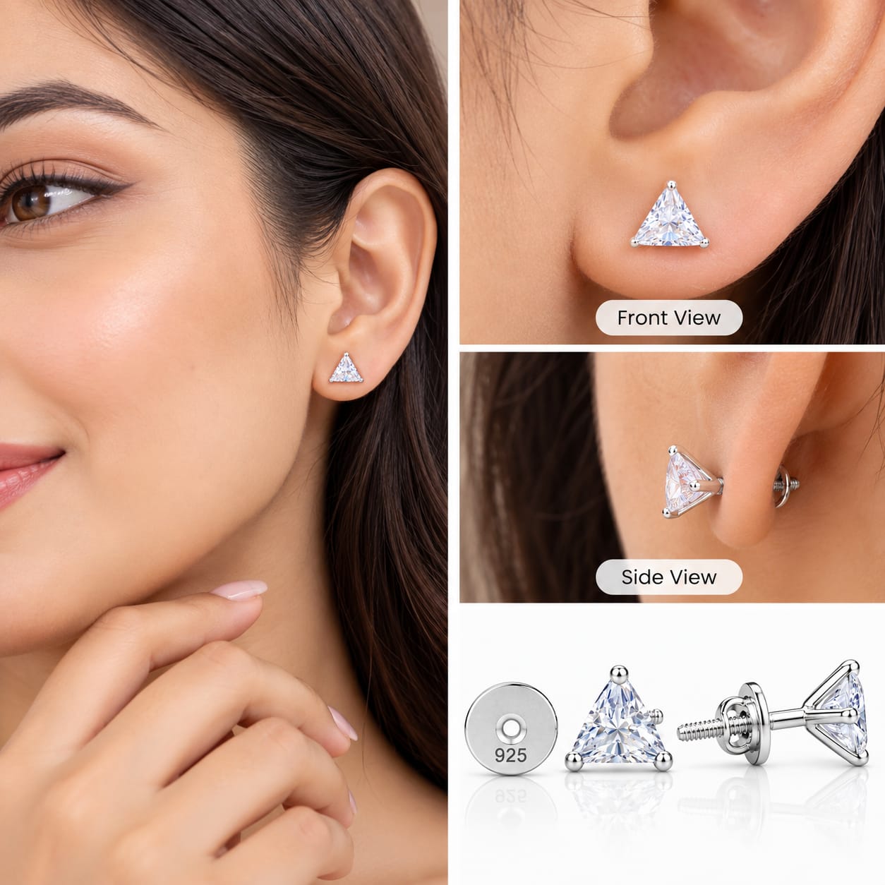 Trinity Royale 925 Sterling Silver Triangle Stud Earrings