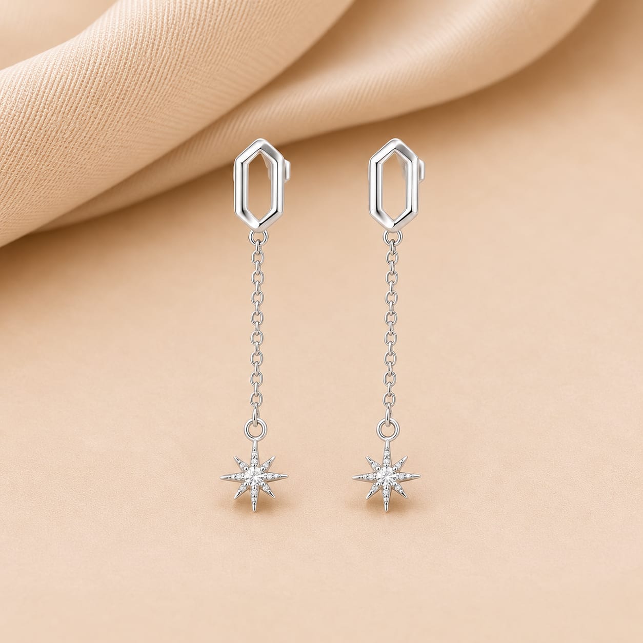 Celestial Star Drop Silver Earrings – Minimalist Chain Dangle Earrings
