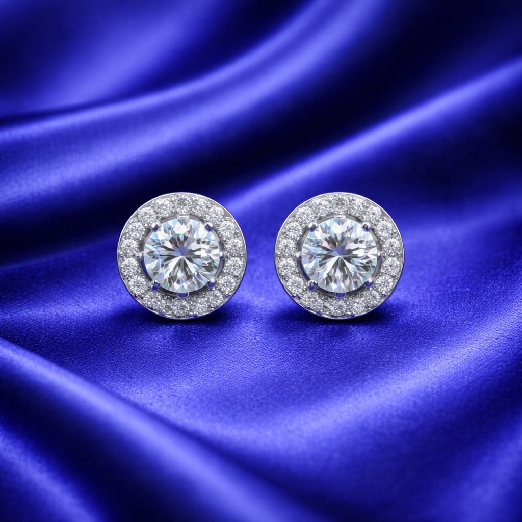 Silver Round Halo Stud Earrings – Luxury Sparkle Design (Pr 405-170)