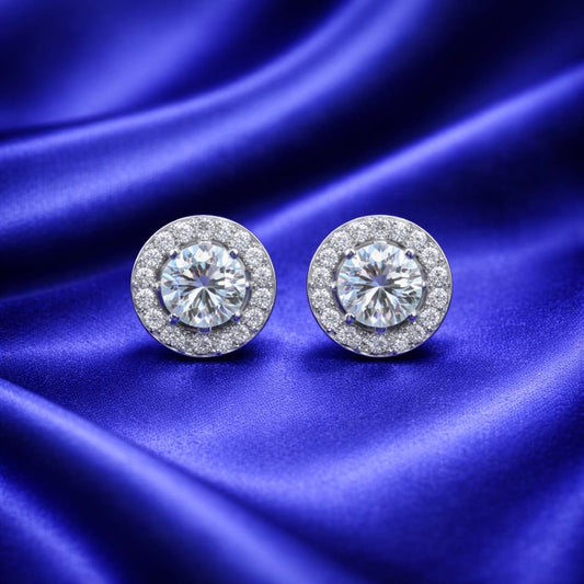 Silver Round Halo Stud Earrings – Luxury Sparkle Design (Pr 405-170)