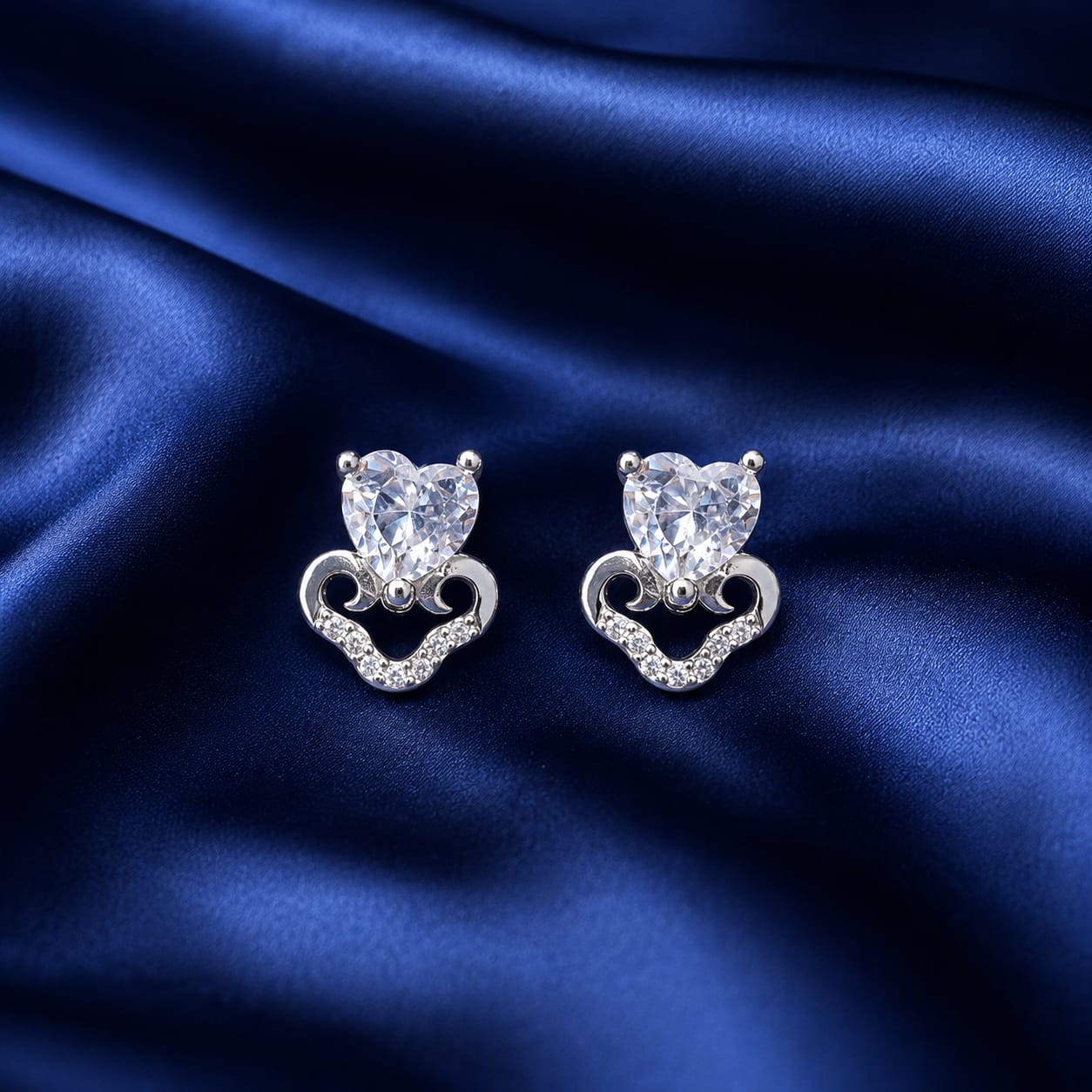 Cupid Heart Silver Stud Earrings – Heart Cut Zircon Designer Earrings for Women